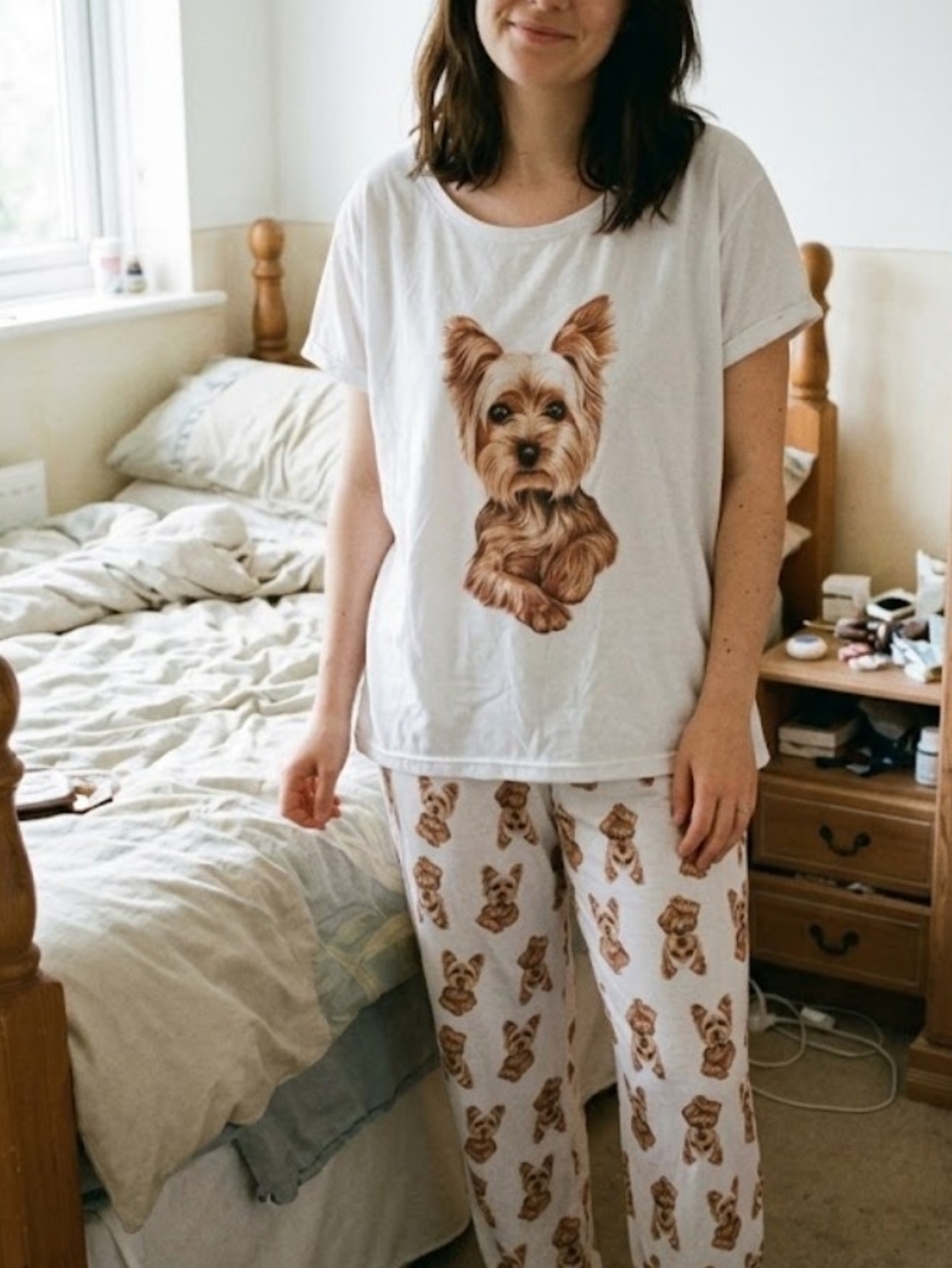 White Yorkie Graphic Pajama Set - Unbranded